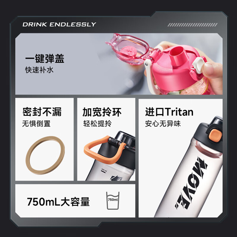 苏泊尔弹盖运动塑料杯750ML.动感黑/KCP75LY20//36/O高清大图