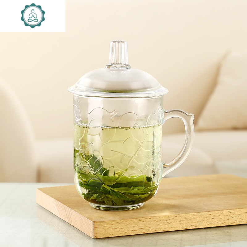 防裂刻花玻璃杯办公泡茶杯大容量带盖带把玻璃茶水杯封后枝叶茶饮杯