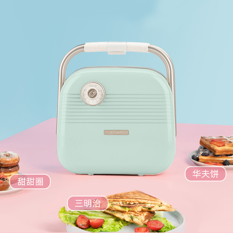 A4box适盒多功能三明治机 早餐机家用吐司压烤机面包华夫饼机标配+甜甜圈盘+华夫饼盘 轻雾绿