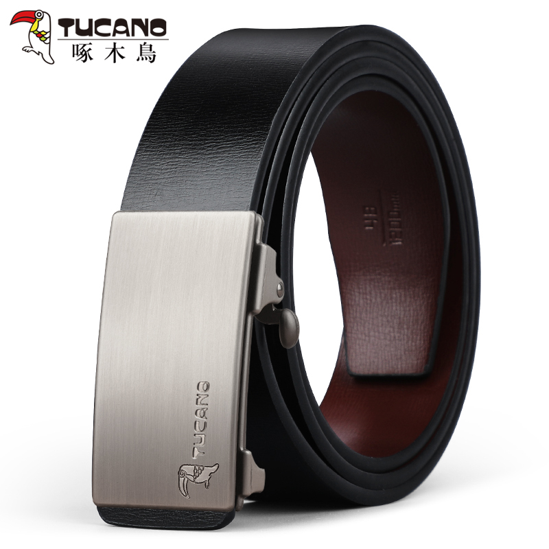啄木鸟皮带男士真品无牙内穿自动扣腰带时尚商务无卡槽牛仔皮裤带高清大图