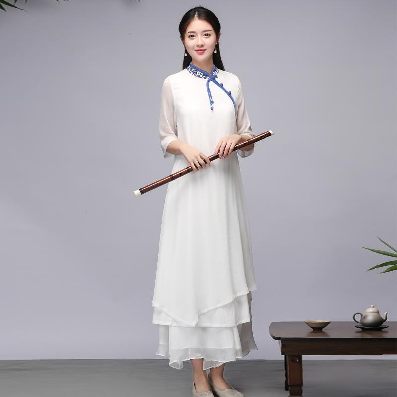 中式茶服女中国风白色禅意女装改良汉服旗袍雪纺连衣裙禅舞服夏季