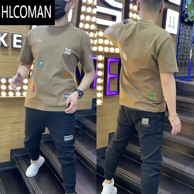 HLCOMAN网季潮牌百搭短袖t恤男士圆领半袖印花上衣潮流修身体恤t