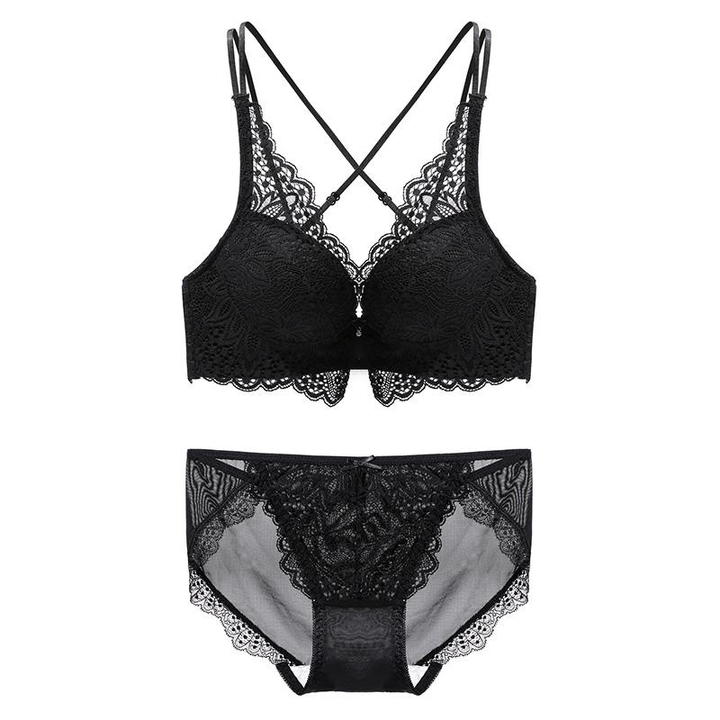 suntek深v日系少女美背无钢圈调整型内衣内裤套装蕾丝文胸文胸套装