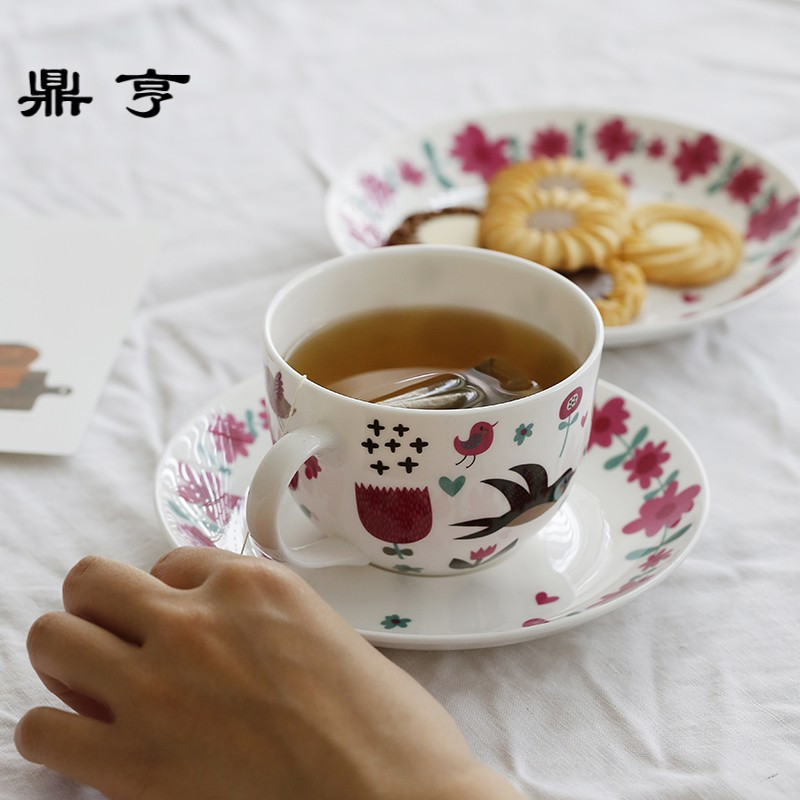 鼎亨 北欧风骨瓷咖啡杯碟套装 可爱燕子与熊英式创意红茶杯家用