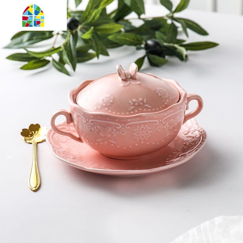 欧式燕窝小碗金边双耳蒸蛋碗陶瓷甜品糖水碗带盖套装鱼翅银耳汤盅 FENGHOU 圆盘+盖碗+金勺(粉色)图片