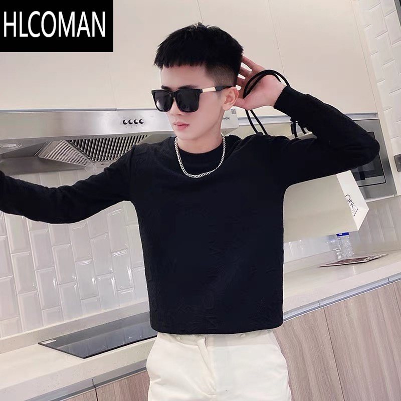 HLCOMAN圆领卫衣男新款潮牌ins字母浮雕修身休闲长袖t恤套头个性外套