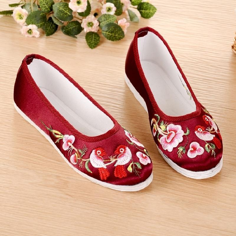 老北京手工布鞋民族风绣花鞋千层底女单鞋室内鞋养生鞋鸳鸯款 紫红色