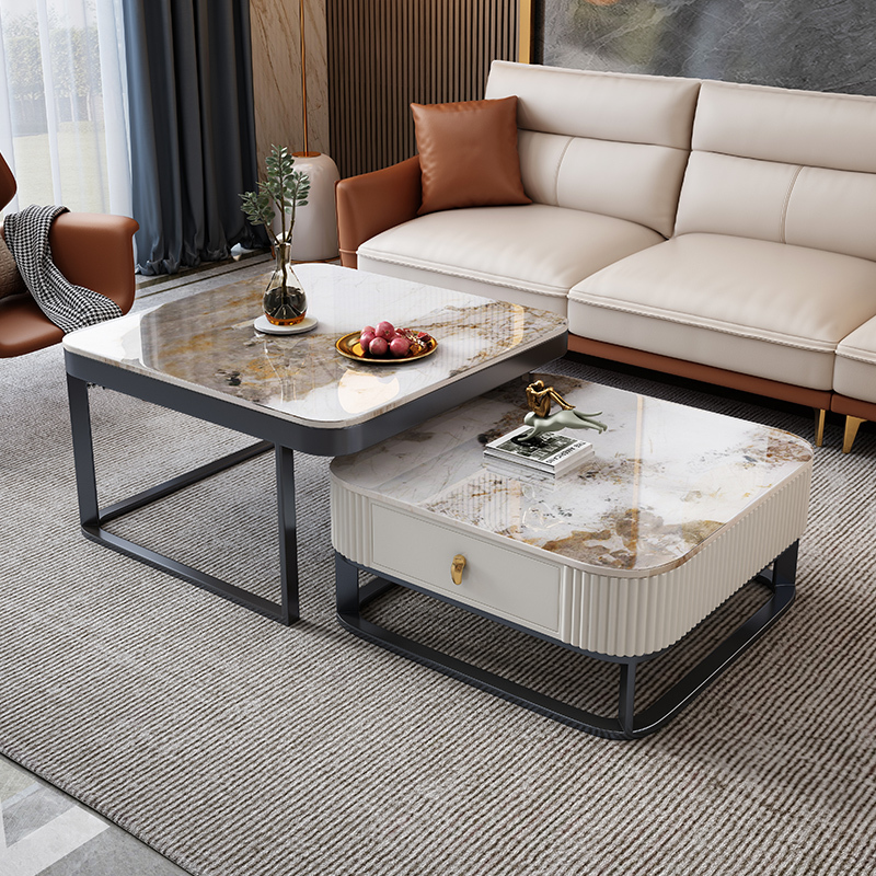 青木川 轻奢意式灰色系岩板电视柜茶几组合套装伸缩台极简客厅岩板落地电视墙柜现代简约茶几组合地台矮柜高清大图