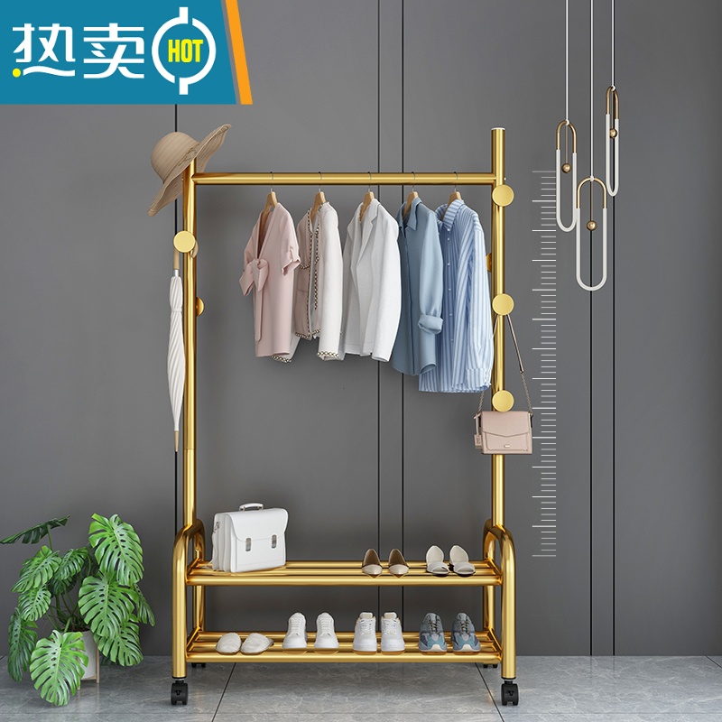 敬平晾衣架落地折叠家用晒衣架阳台卧室挂衣架子室内简易单杆式衣帽架 [120CM⭐25管粗]单层一体蘑菇7钩-金 大高清大图