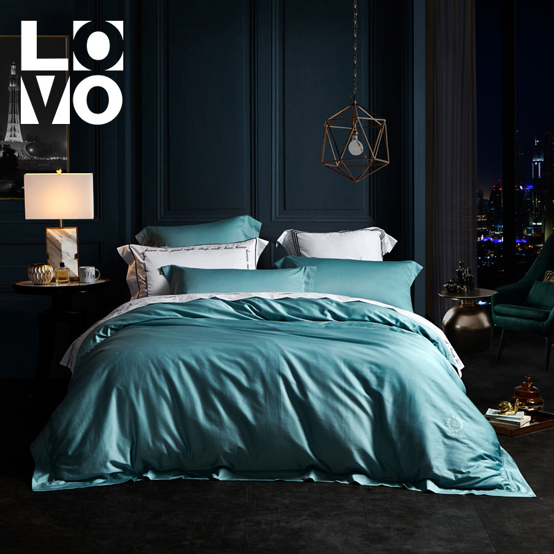 LOVO乐蜗家纺罗莱生活出品60S长绒棉四件套件纯棉全棉简约纯色床单床上用品高清大图