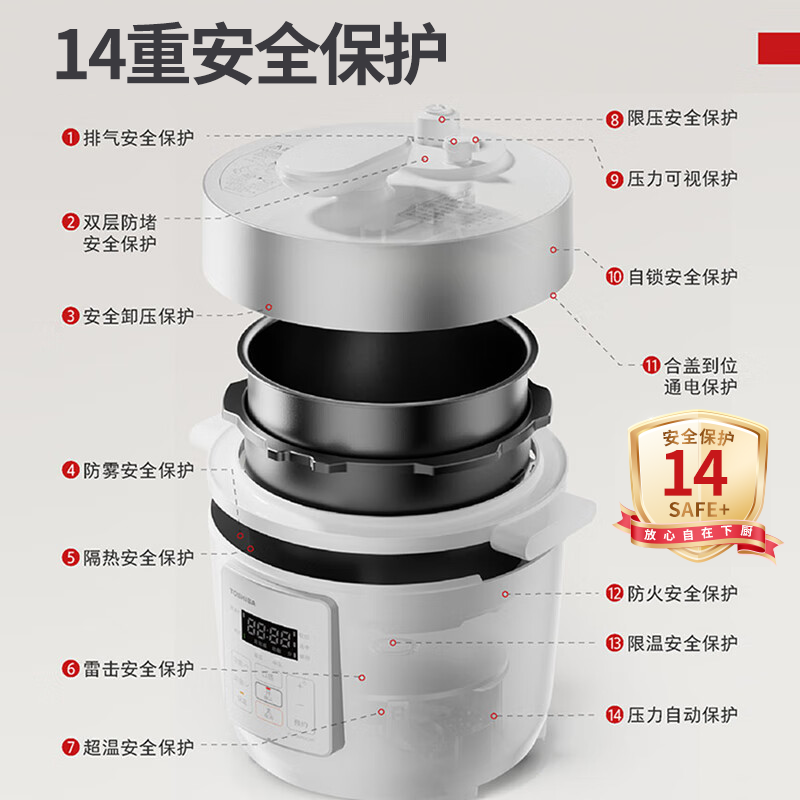 东芝(TOSHIBA)智能安全电压力锅3L高压锅家用多功能压力煲无水料理双压萃鲜电压力锅 PC-30MRUC(W)高清大图