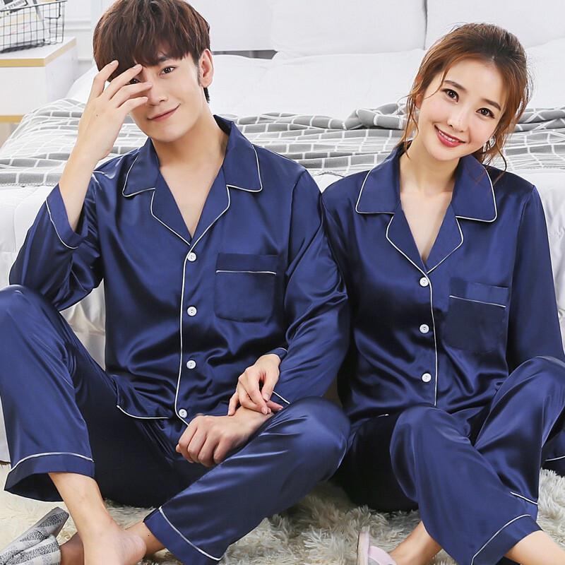 波迷娜bomina情侣款睡衣长袖男女款服韩版开衫两件套装丝绸春季薄款