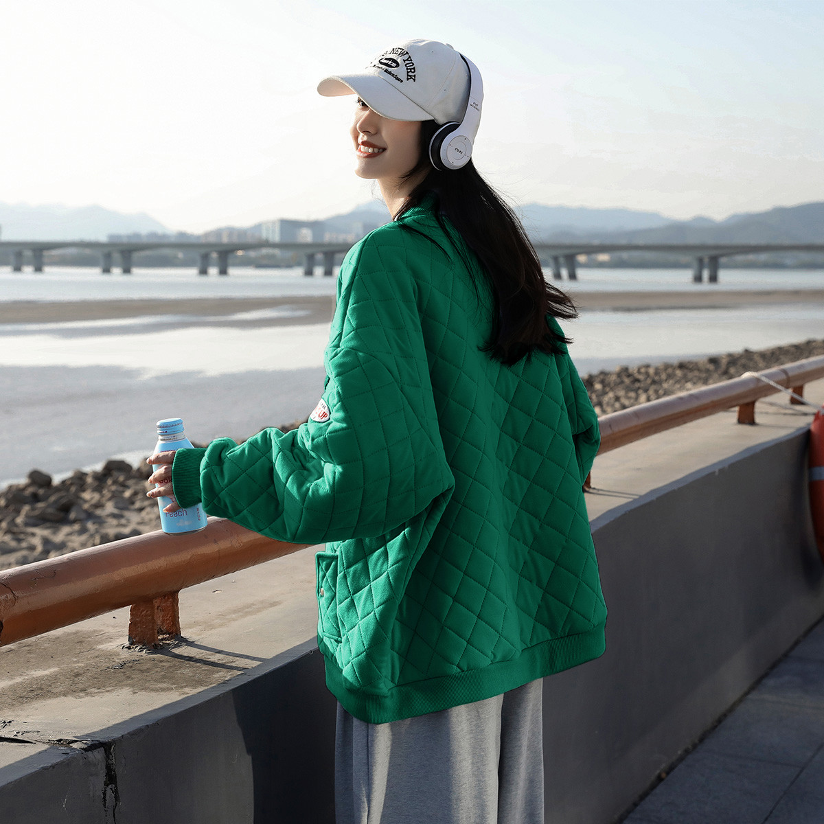 秋冬季棉衣女新款宽松菱形格左胸字母棒球服外套加厚保暖_483 学院绿 M