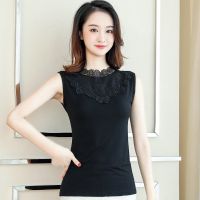 [两件装]蕾丝花边吊带背心女高领外穿大码打底衫无袖上衣T恤夏 黑色 S