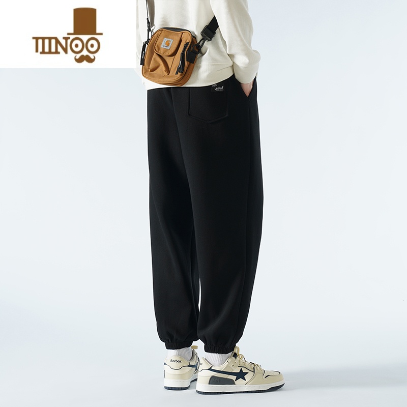 YANXU运动裤子男士款刺绣休闲长裤束脚卫裤美式大码潮牌黑色高清大图