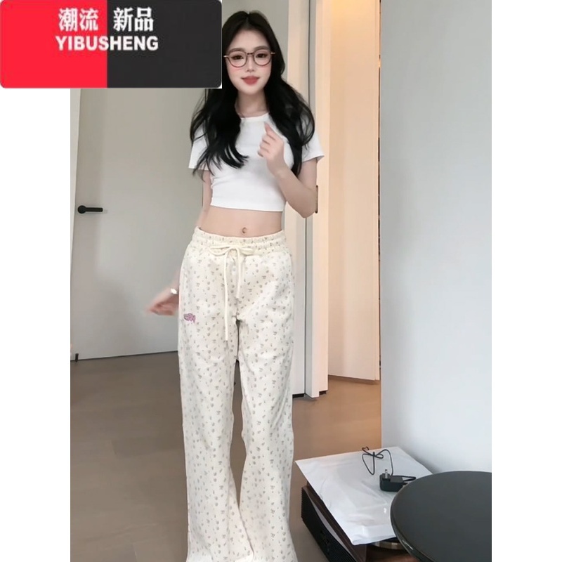 YIBUSHENG甜妹碎花微喇叭休闲裤女季薄款显瘦小个子高腰垂感运动阔腿卫休高清大图