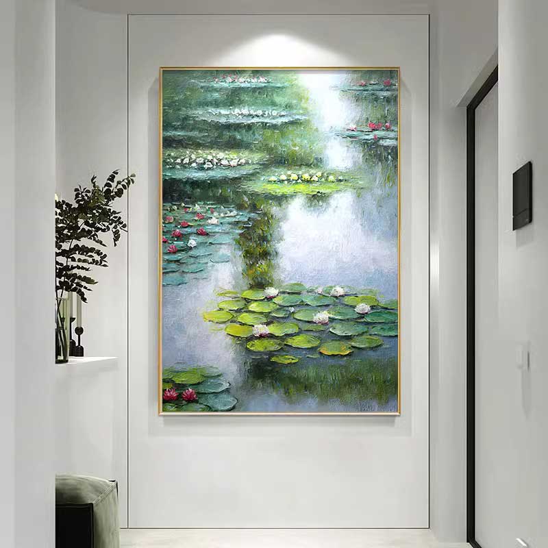 玟书 现代简约壁画 烤瓷水晶画/亮光效果/高清透亮 莫奈睡莲 40*60cm 竖版F款