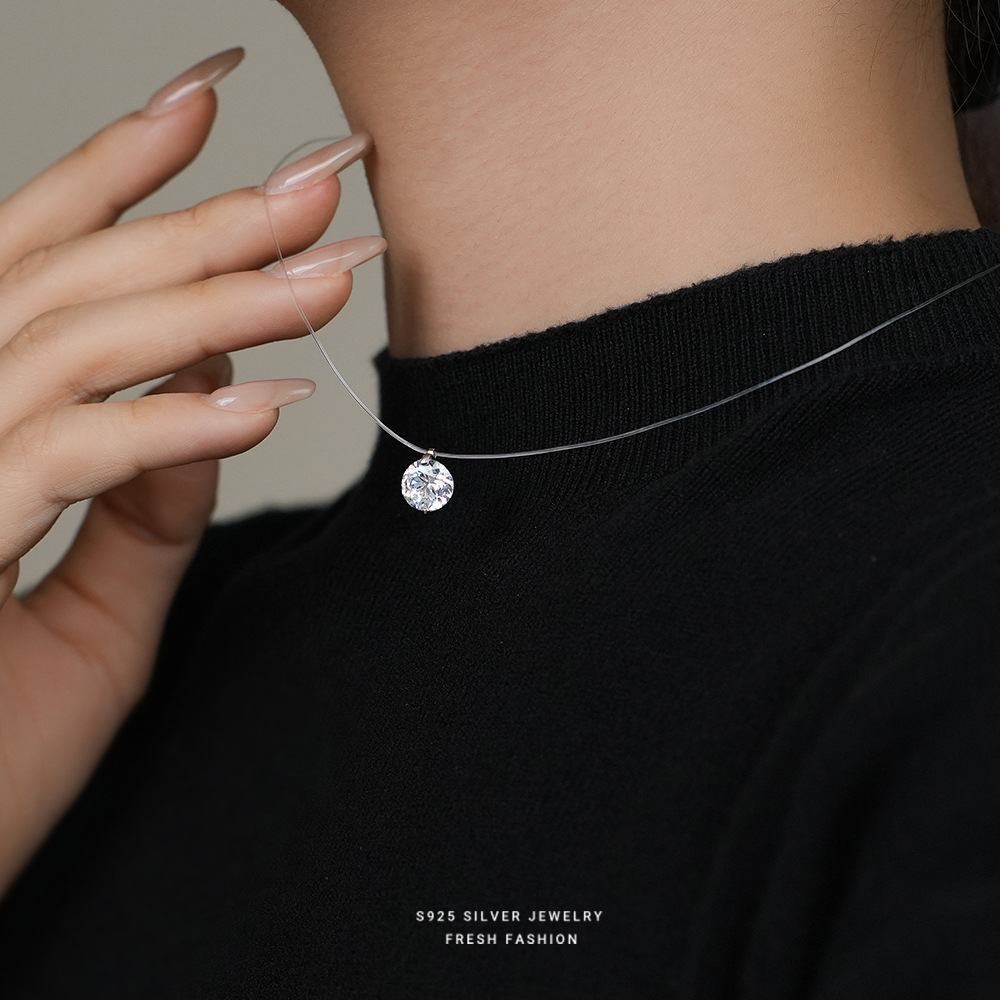纯银隐形鱼线莫桑石项链女锁骨链人鱼精灵的眼泪吊坠单钻森系颈链送女朋友老婆情人节七夕生日礼物