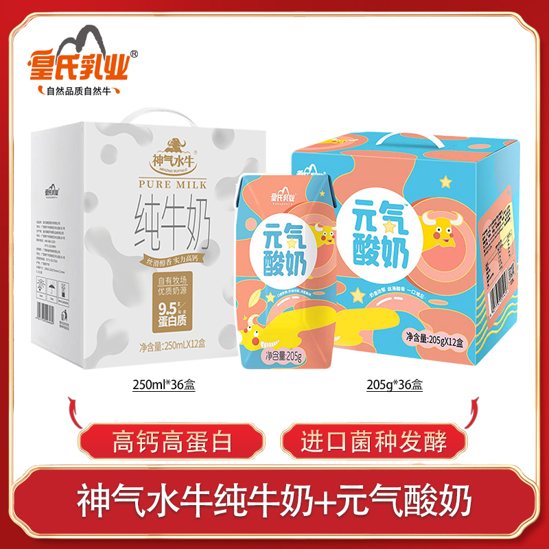 皇氏乳业神气水牛纯牛奶孕妇儿童营养高钙奶250ml*36盒搭配元气酸奶原味205g*36盒整箱儿童学生早餐奶组合
