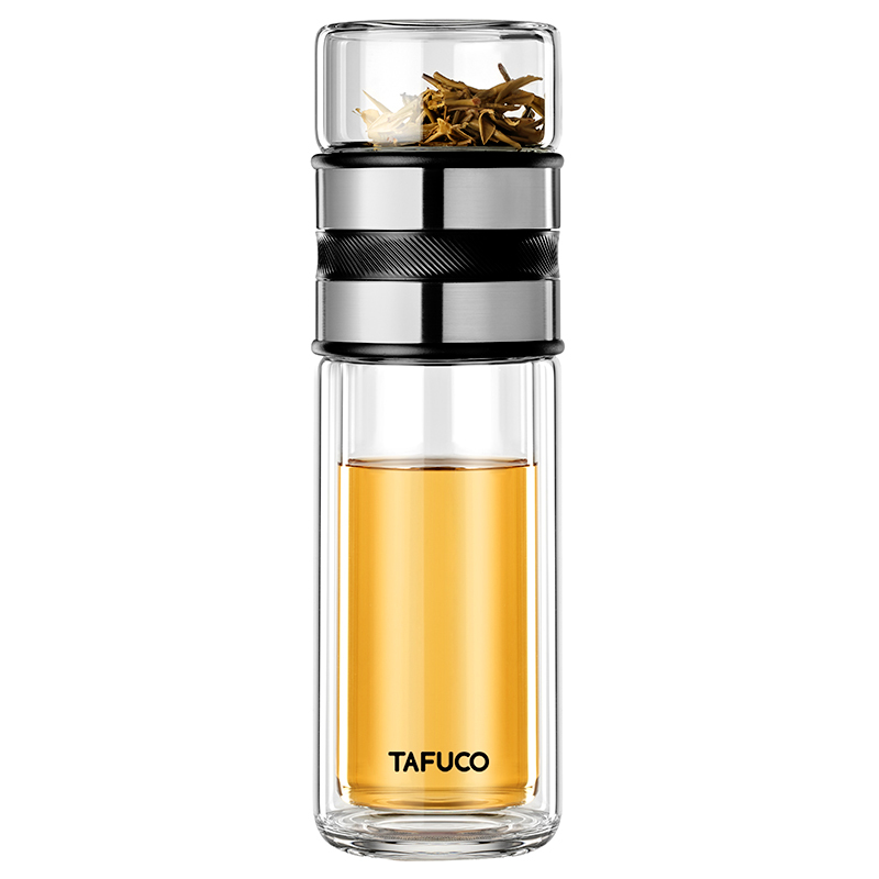 日本泰福高(TAFUCO)茶杯水杯成人饮水玻璃杯茶水分离杯大容量杯子双层玻璃杯隔热防烫保温杯商务杯