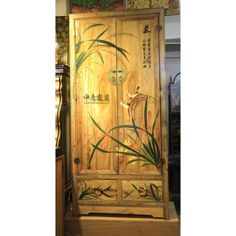 森美人新中式彩绘香樟木实木衣柜仿古衣柜古典彩绘定制卧室双衣柜 兰花香香樟木大衣柜2门整装