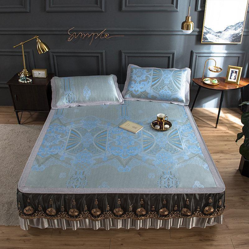 美帮汇凉席1.5米1.8m床夏季冰丝夏凉席宿舍单双人2可折叠水洗蕾丝床裙款 奥裕-1200D床裙凉席(歌蒂蓝灰) 2.0m（6.6英尺）床