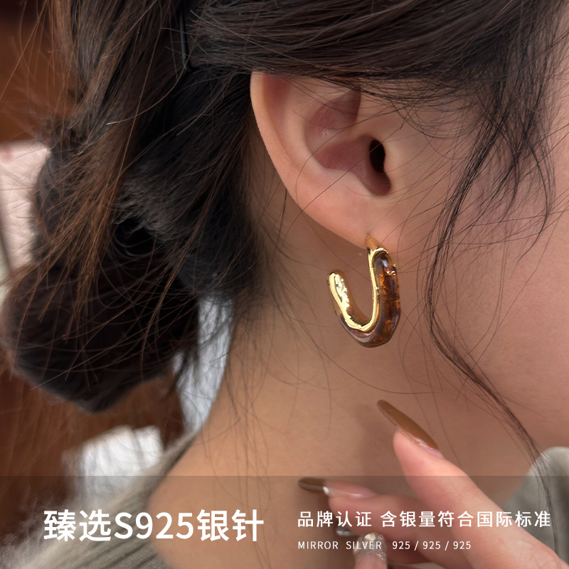 925纯银复古美拉德C形耳钉女耳环耳饰银针小众设计配饰新款送女朋友老婆情人节七夕生日礼物