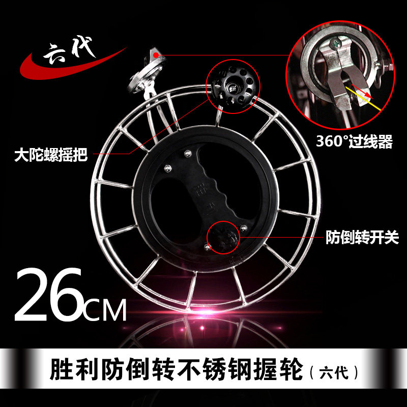胜利不锈钢握轮合金轮多功能带刹车风筝轮 新款 大型风筝放飞创意 三维工匠 胜利六代26大轴承防倒转不锈钢握轮高清大图