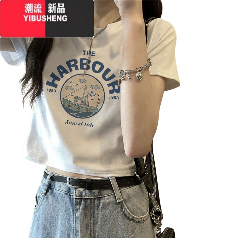 YIBUSHENG短款修身正肩短袖T恤女2023装新款欧货气质感上衣辣妹小妹高清大图