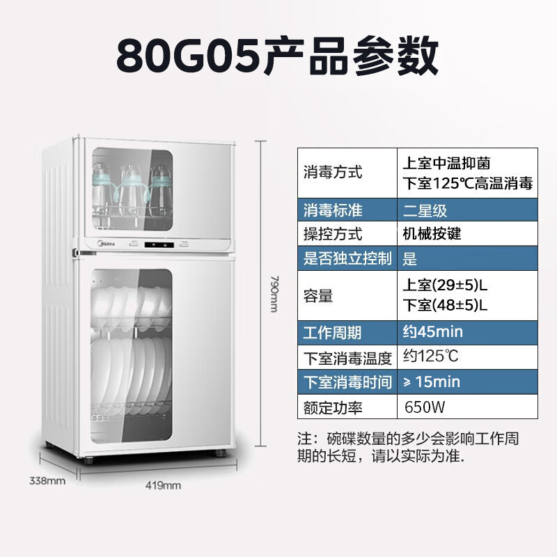 美的消毒柜家用 厨房餐具碗柜碗筷茶杯消烘一体机 小型立式 77L三层 高温二星级 80G05 高温二星级 消毒柜
