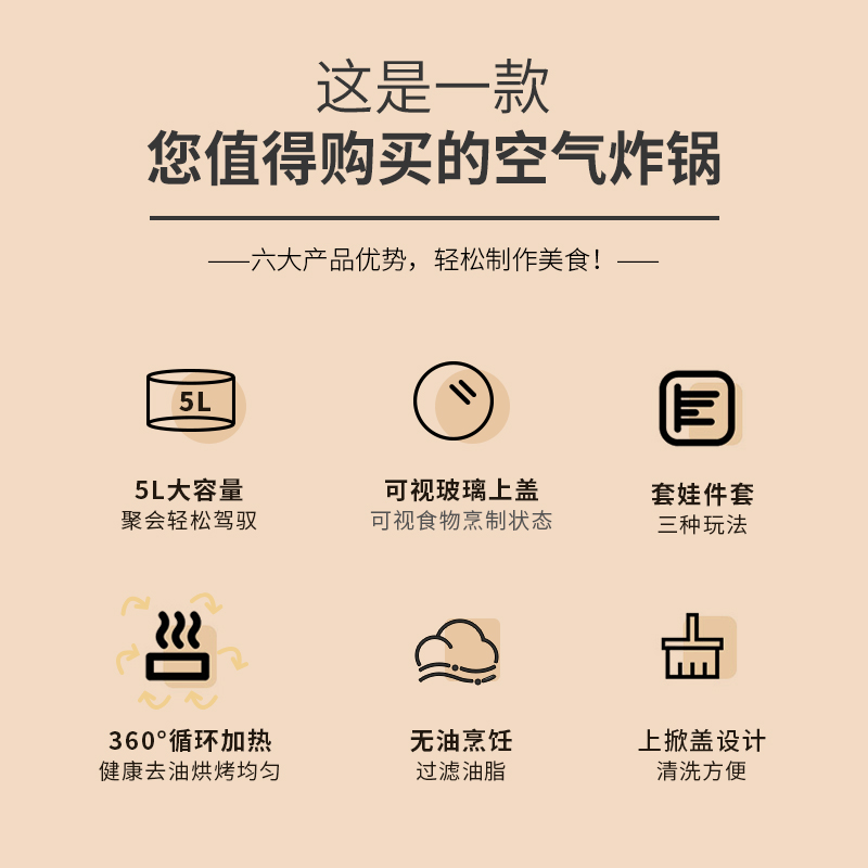 利仁(Liven)空气炸锅家用大容量5L多功能锅电炸锅煎炸锅薯条机360°循环加热按钮调节KZ-J5000B高清大图