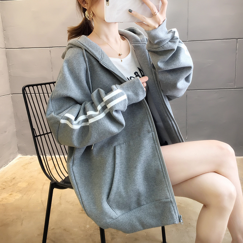 秋冬加绒加厚卫衣女新款韩版胖妹妹200斤连帽拉链开衫外套女上衣卫衣