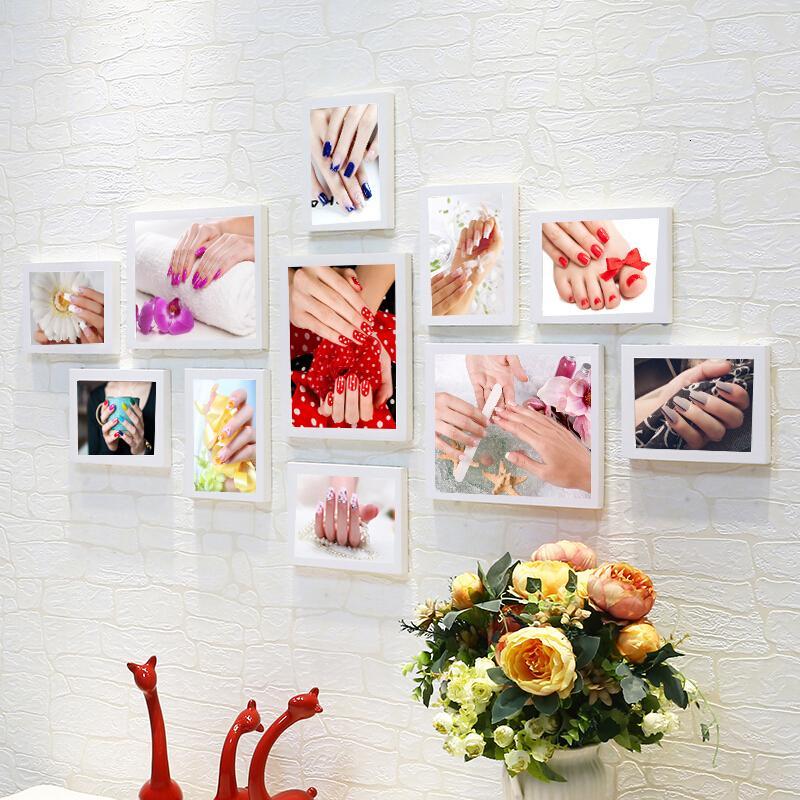 美甲店实木相片墙画框院创意纹绣照片墙装饰挂墙相框组合海报