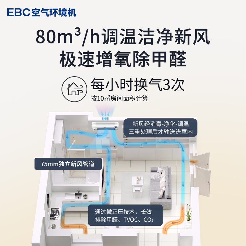 EBC英宝纯除甲醛 空气环境机 HK5101 1匹冷暖母婴新风空调一体机 家用新风系统健康空调 空气净化杀菌除过敏源