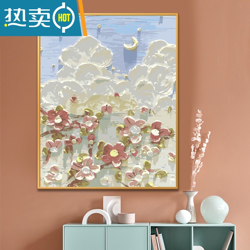 敬平富士山下|diy数字油画填色手工挂画手绘填充系客厅油彩装饰画装饰画 d5825-落落樱花 45*60绷内框DIY套装+实木外框带背板免组装