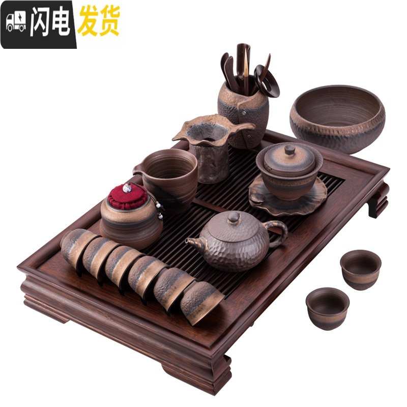 三维工匠粗陶茶具套装陶瓷功夫茶具整套家用简约办公茶壶茶杯茶盘盖碗复古 粗陶茶具-西施壶16头