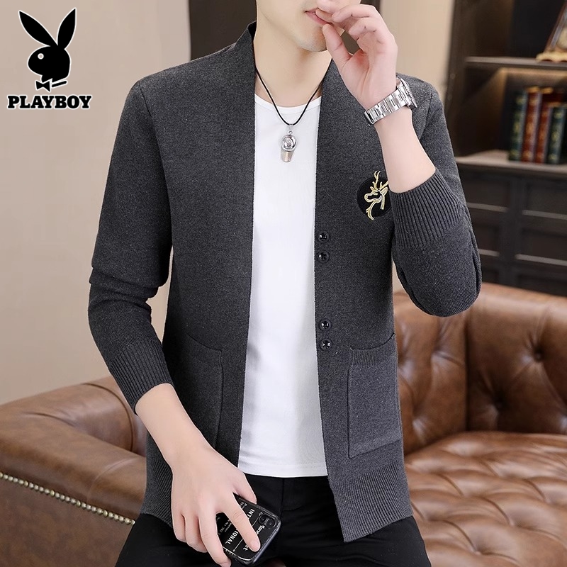 花花公子开襟羊毛衫男式羊毛衫夹克衫2025春秋季新款时尚休闲男式羊毛襟高清大图