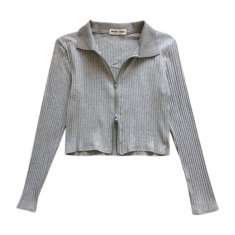 翻领双拉链长袖短款t恤开衫女秋装新款设计感显瘦修身纯色上衣潮白色