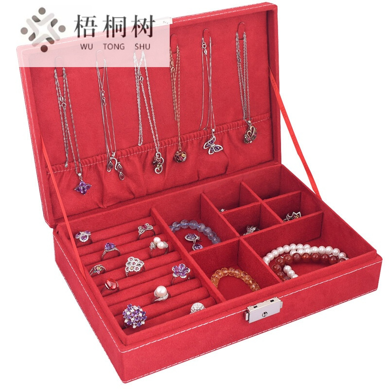 绒布皮革大正方珠宝首饰盒带锁木质饰品收纳盒大容量储物收纳箱生日节日