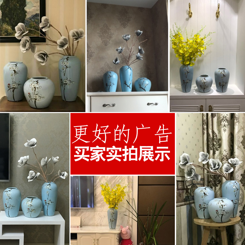 现代新中式三件套摆件景德镇陶瓷器花瓶插花禅意客厅玄关装饰品 三维工匠 [白梅红枝鸟]三件套高清大图
