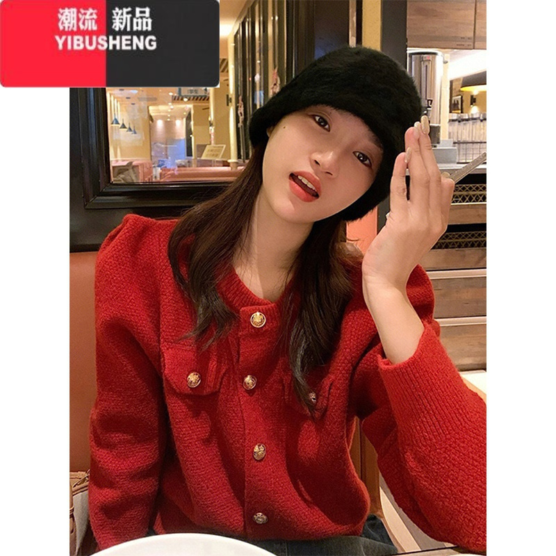 yibusheng别致漂亮红色毛衣女2023年新款春秋装小香温柔风针织开衫
