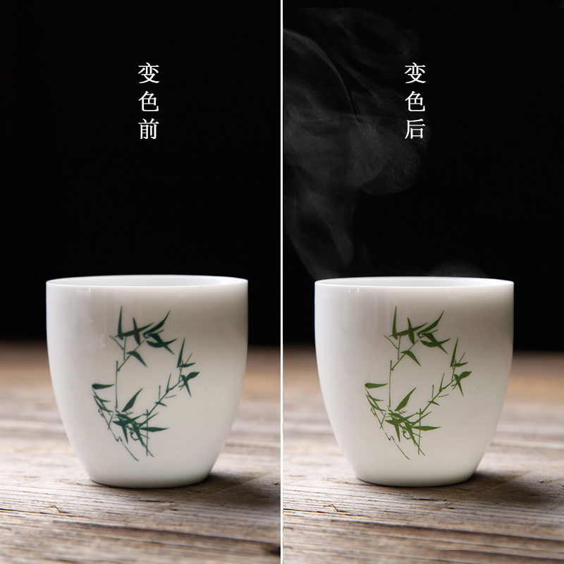 人人发 手绘变色茶杯陶瓷创意品茗杯粉彩功夫茶具小茶杯白瓷大号主人单杯 竹 变色单杯 竹