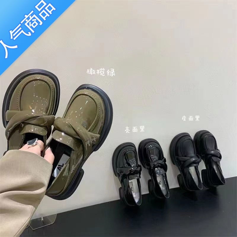SUNTEK法式厚底小皮鞋女春季2023年新款复古单鞋子英伦一脚蹬松糕乐福鞋