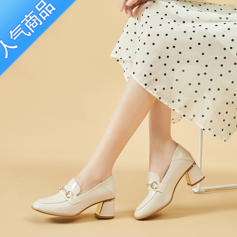 SUNTEK白色乐福鞋女鞋粗跟夏季2023年新款女士春款单鞋高跟鞋漆皮小皮鞋高清大图