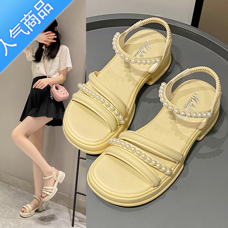 SUNTEK凉鞋女夏2023新款小香风厚底时尚罗马沙滩休闲鞋珍珠一字带配裙子高清大图