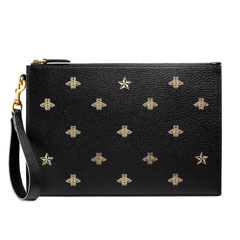 海外直邮gucci古驰男包牛皮蜜蜂星星印花黑色男士手拿包情侣款495066