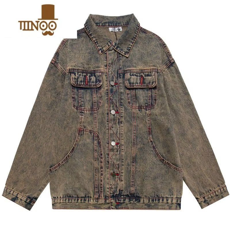 YANXU2022欧美水洗做旧牛仔外套复古帅气工装翻领夹克宽松潮牌上衣男女图片