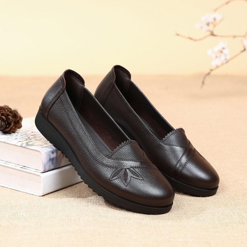 旺奈(wangnai)真皮老人皮鞋女平底妈妈鞋软底软皮女式休闲皮鞋奶奶鞋