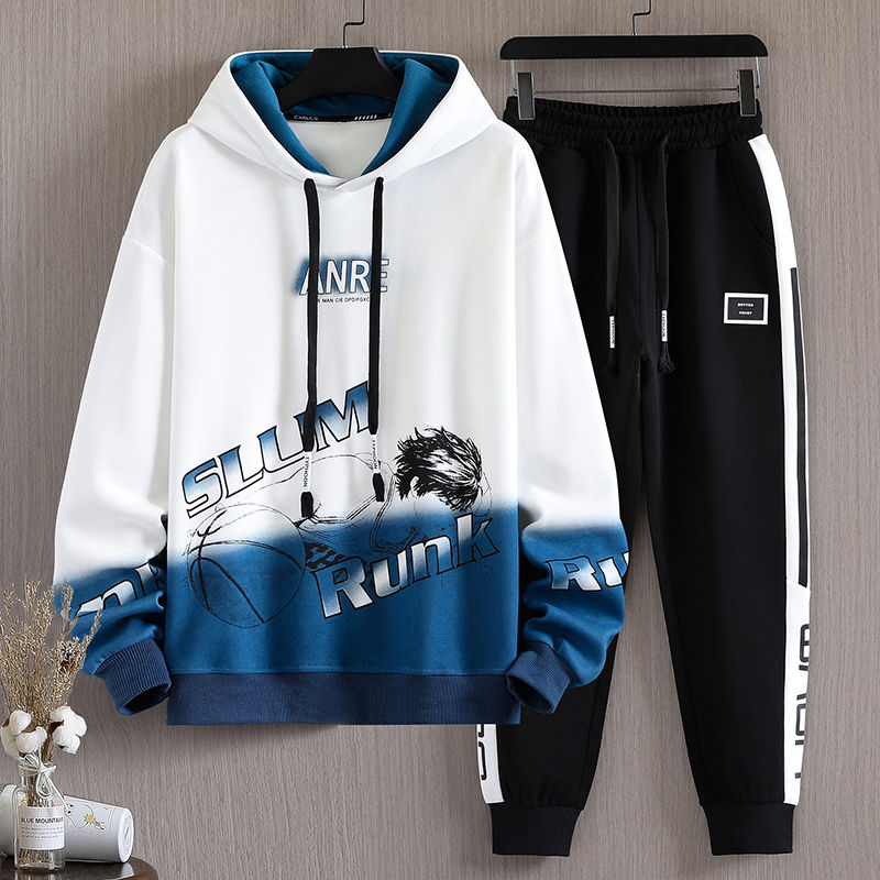 青少年13大童卫衣男春秋装16中学生长袖体恤韩版运动连帽套装 套装春秋款112白色（上衣+裤子） M80-95斤