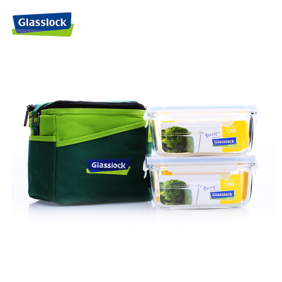 GLASSLOCK钢化玻璃保鲜盒两件套耐热密封盒储物罐收纳盒两件套装1200ml*2 正方形钢化玻璃保鲜盒